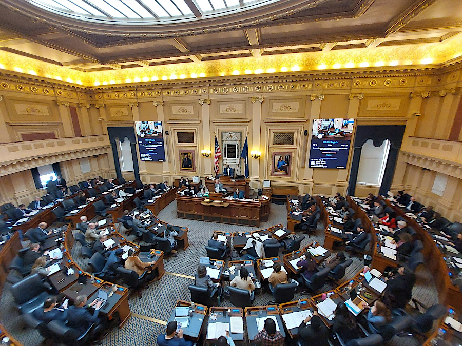 from the perspective of the Speaker of the House of Delegates looking at the 99 other members, the Republicans are seated on the right and Democrats on the left