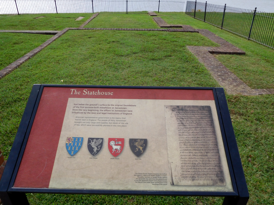 the outline of the 1660 statehouse complex, beyond the Archaearium, is interpreted for modern Jamestown visitors