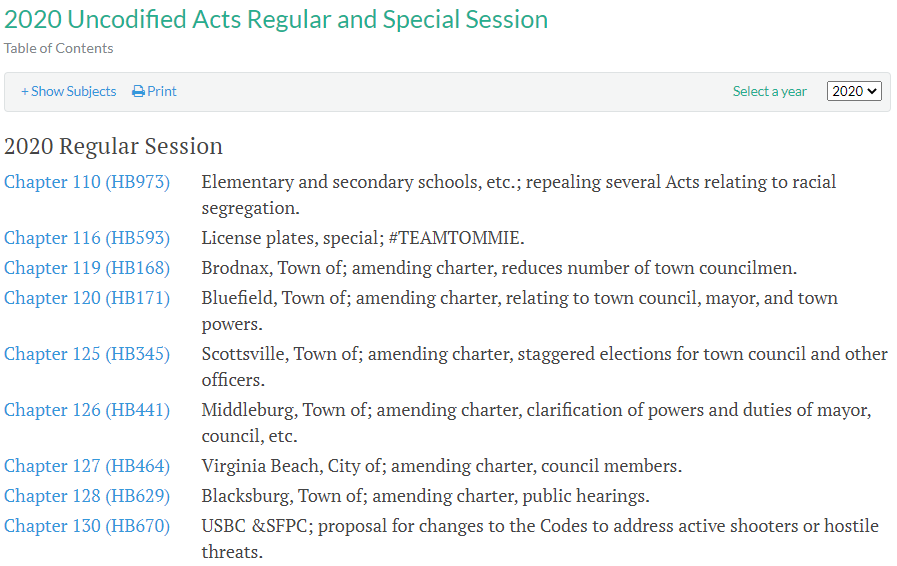 laws of short duration or limited local impact are published as Chapters of the Acts of the Assembly, but not included in the annual update to the Code of Virginia