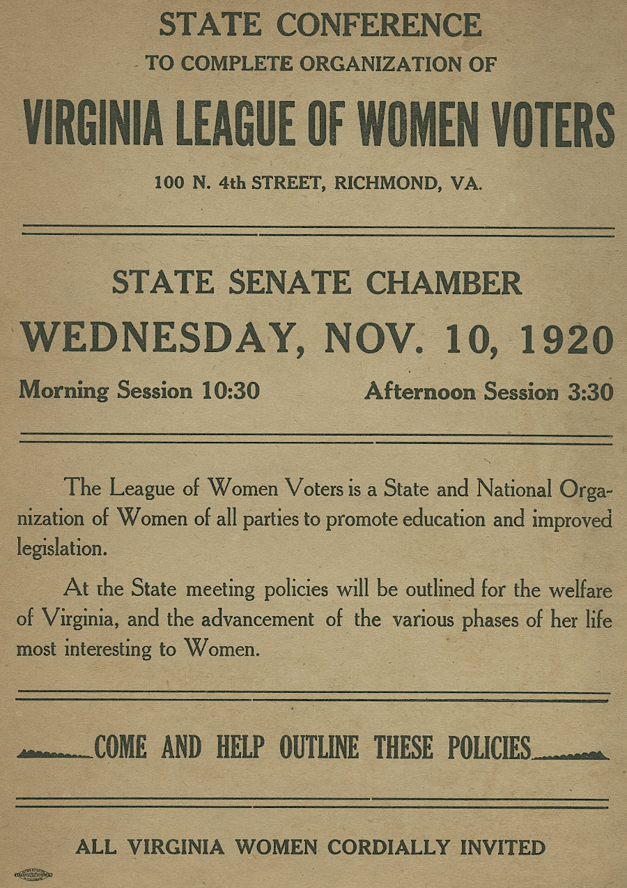 the Virginia League of Women Voters replaced the Equal Suffrage League of Virginia in 1920