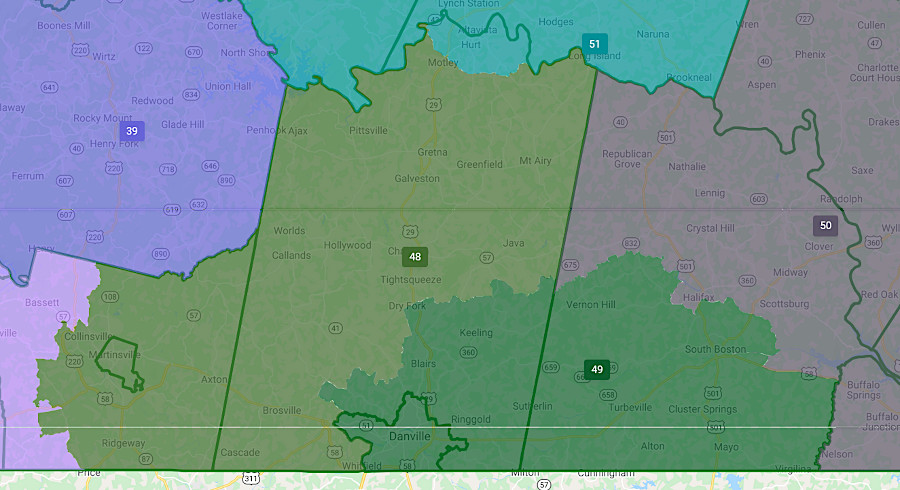 Danville and Martinsville were split between the 48th and 49th House of Delegates districts, reducing the potential to elect a Democrat in that part of Southside Virginia