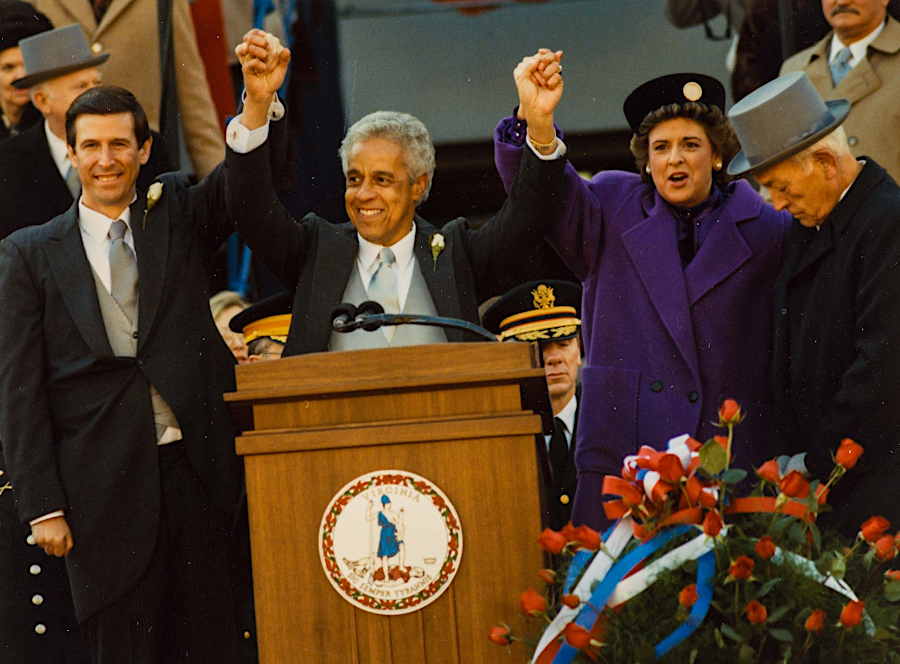 Mary Sue Terry was elected Attorney General in 1985, when Doug Wilder was elected Governor and Don Beyer (far left) as Lieutenant Governor