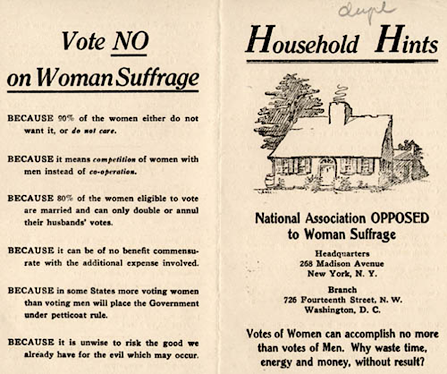 opponents of women's suffrage emphasized that it would disrupt traditional gender roles without benefitting women