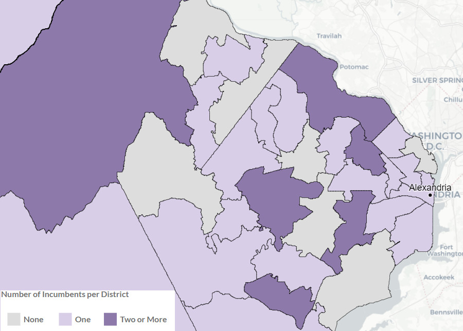 in Northern Viginia, six of the new House of Delegates districts had two incumbents living with the boundaries while seven of the new districts had no incumbent