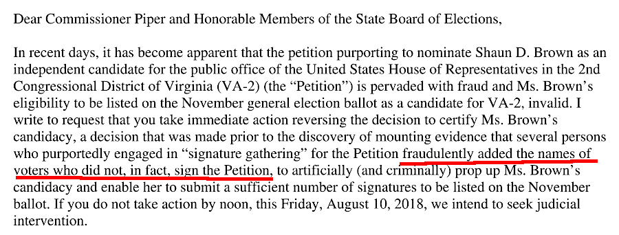 the Democratic Party successfully pressed to remove a third-party candidate from the ballot in 2018, since nominating petitions were fraudulent