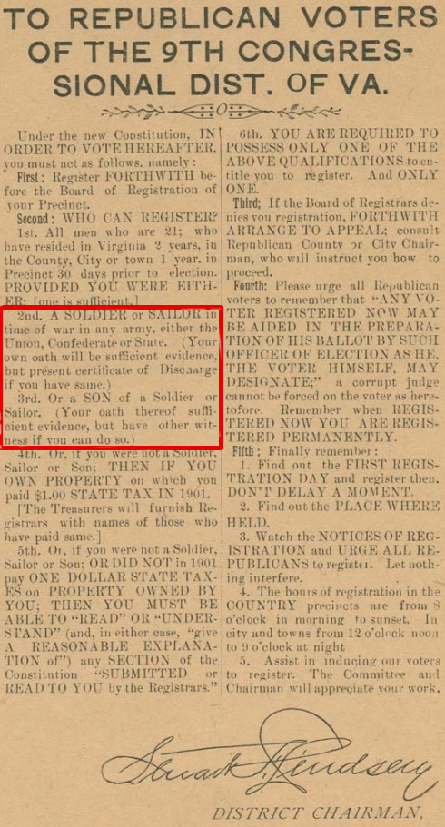 the 1902 Constitution grandfathered those who fought in the Civil War, or whose fathers fought, to vote without paying the poll tax