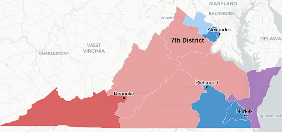 the Virginia Redistricting Commission considered redrawing Congressional districts to create just one competitive swing district (purple)