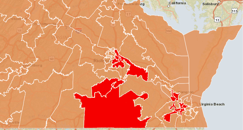 a 2014 lawsuit claimed that redistricting after the 2010 census created a dozen districts (shown in red) where minority-race voters who tended to vote for Democrats were packed into urban districts, to facilitate the potential election of Republican candidates in suburban districts