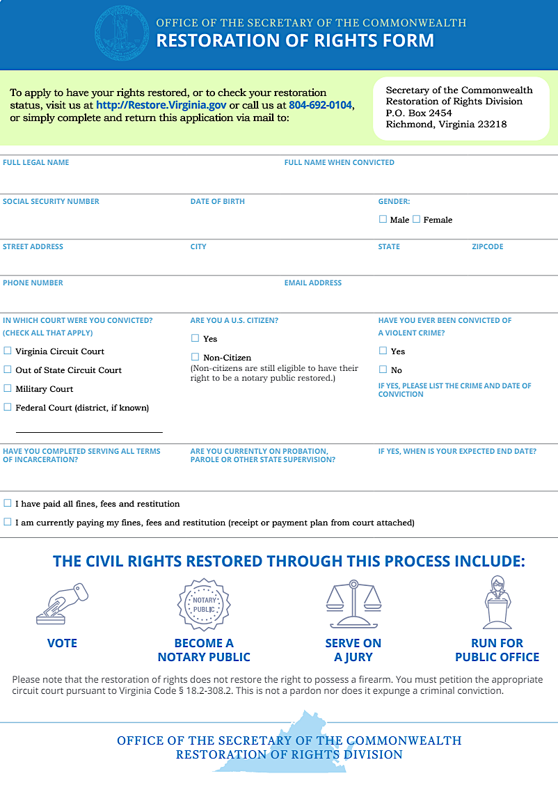 Governor Youngkin required individuals to apply for restoration of voting rights, ending the practice of automatic restoration used by the three previous governors