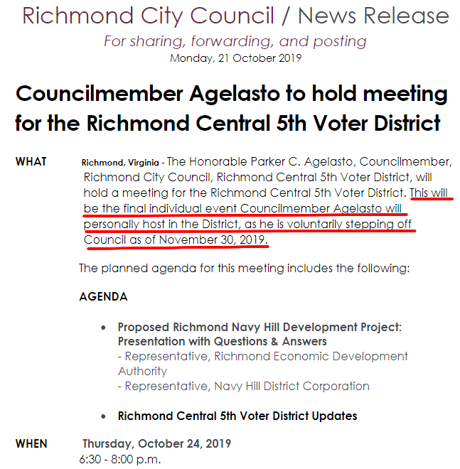the City Council member for the 5th District in Richmond stayed active after agreeing to resign because he had moved out of the district