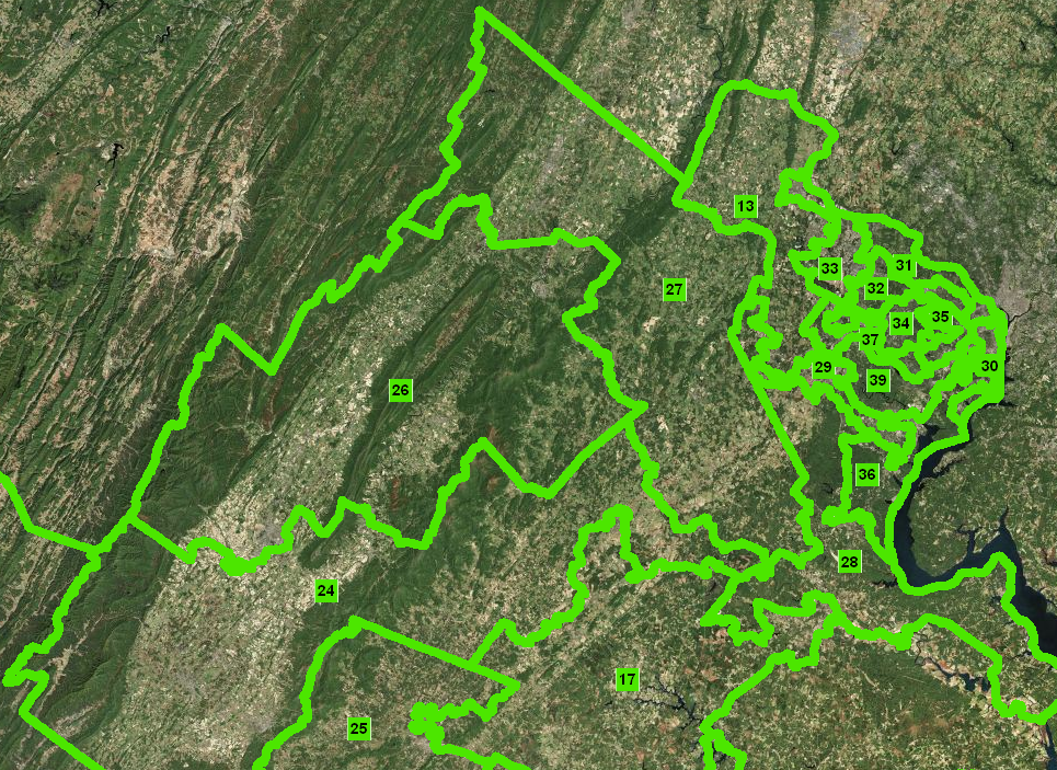 after the 2010 Census, boundaries of State Senate districts were redrawn - and the small size of the districts reveals how population is concentrated in Northern Virginia