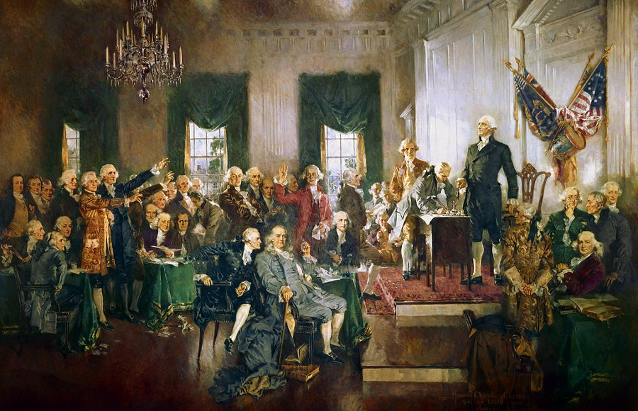 George Washington, depicted as standing at the table as the Constitution is signed, was key to adoption of a Federal government
