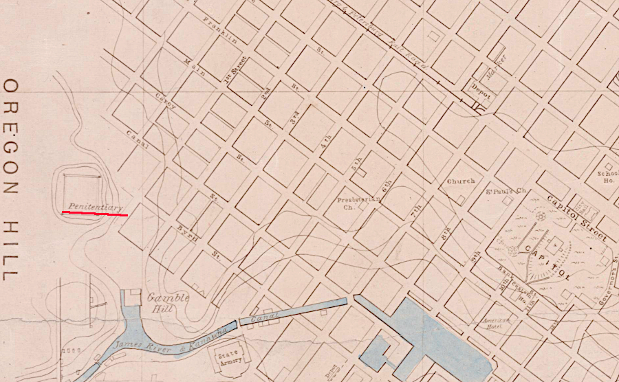 the state penitentiary was located west of the Capitol on Byrd street for nearly two centuries
