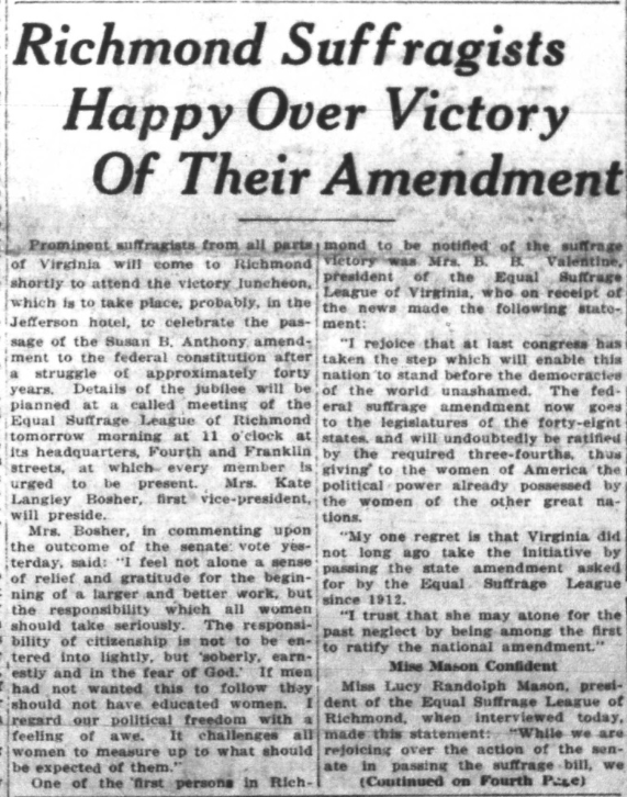 the June 5, 1919 Richmond Evening Journal reported on the response of the Equal Suffrage League to passage of the Susan B. Anthony amendment