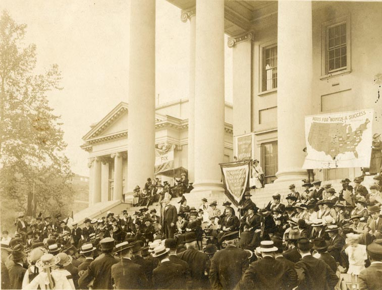 in this 1916 rally at the State Capitol, the Equal Suffrage League tried to convince men to allow women to vote