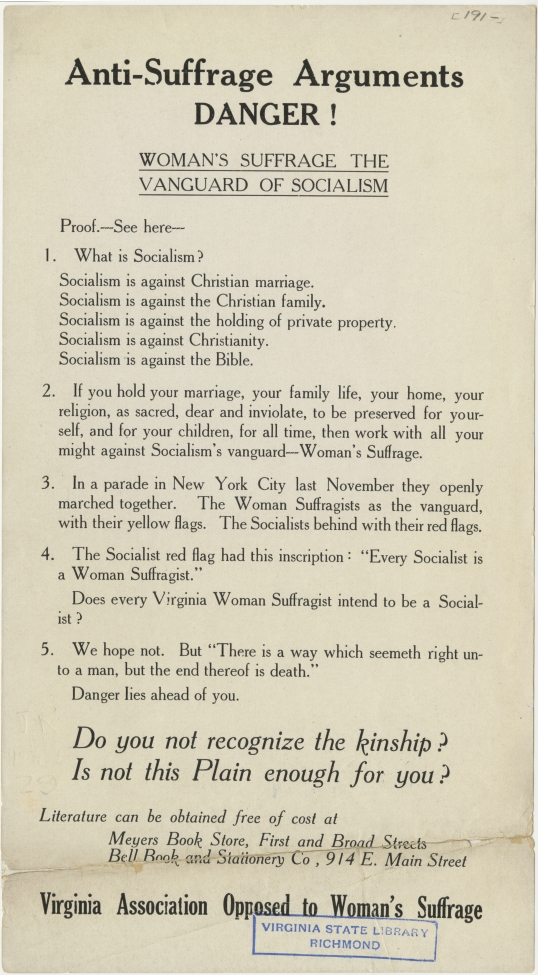 the Virginia Association Opposed to Woman Suffrage sought to conflate socialism with suffrage