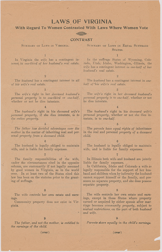 the Equal Suffrage League of Virginia detailed the advantages of women's suffrage in Virginia