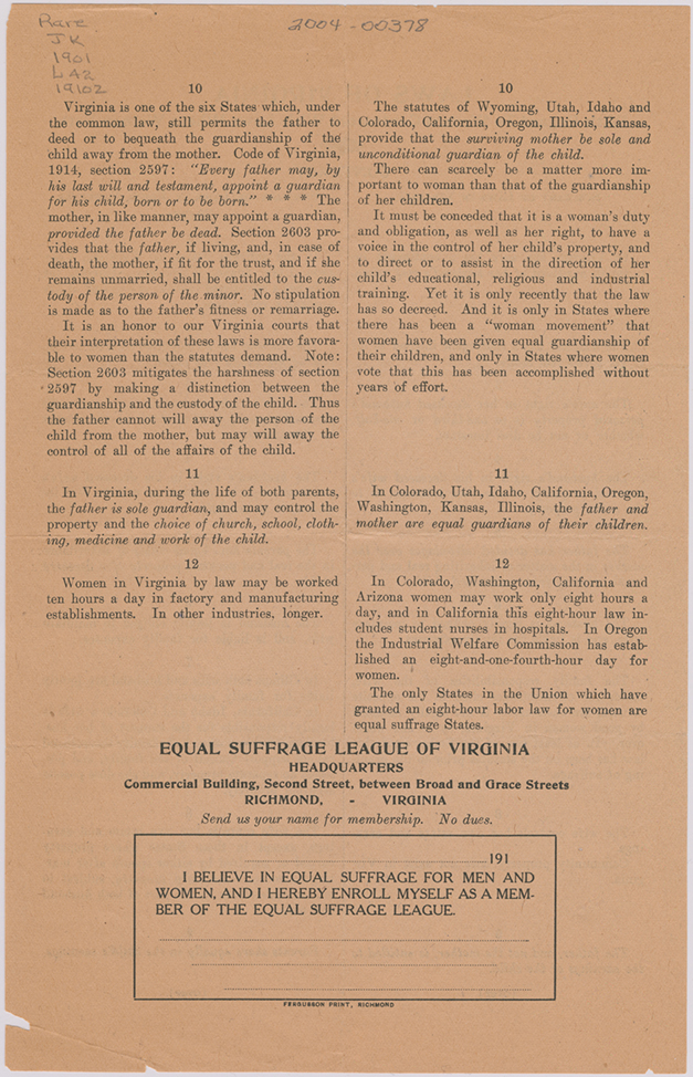 the Equal Suffrage League of Virginia detailed the advantages of women's suffrage in Virginia