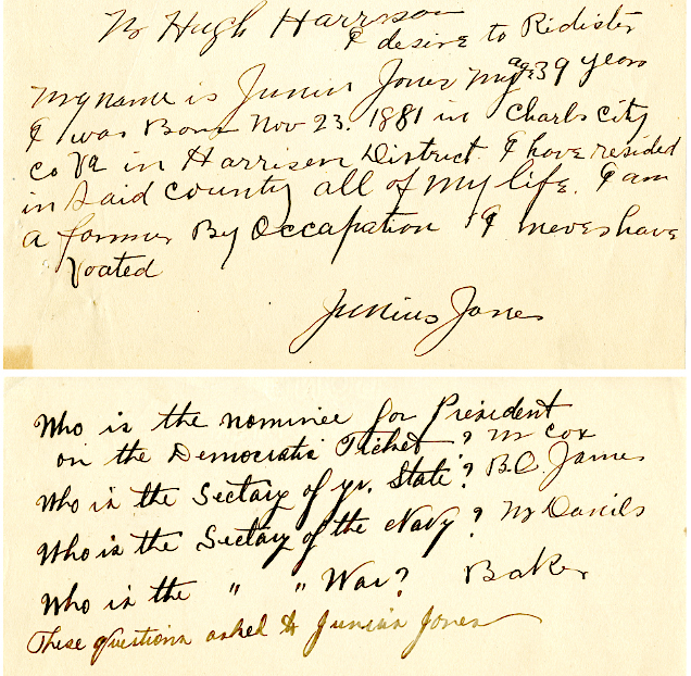 understanding clause questions and answers for Junius Jones, a colored voter in Charles City County (1904)