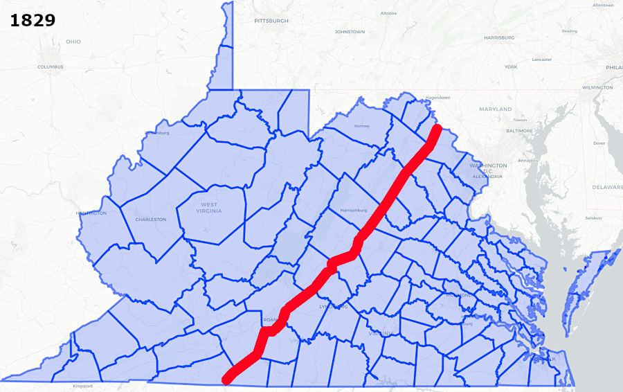 between 1776-1829, new counties created west of the Blue Ridge (red line) were few and large, minimizing their political influence in the General Assembly