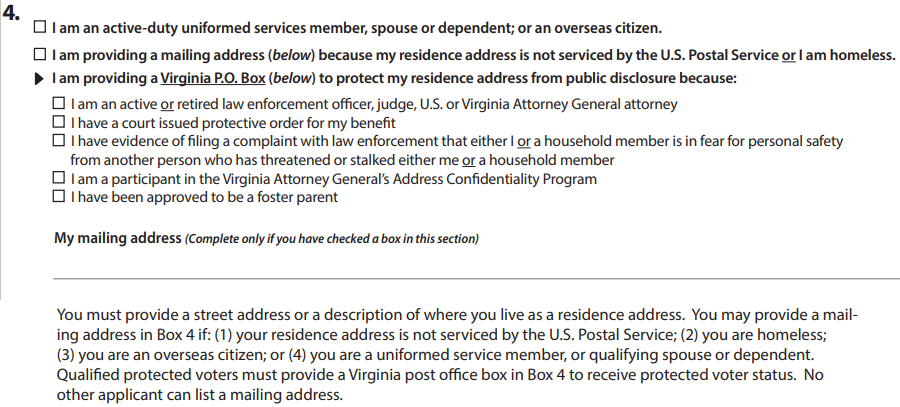 Virginia allows homeless people and others to register to vote, without citing a specific physical address of their residence