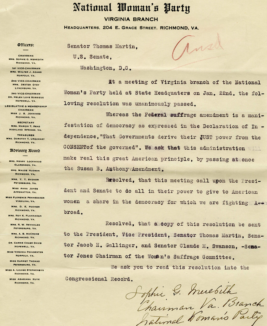 the National Woman's Party advocated successfully for a vote on ratification in the special 1919 session of the General Assembly - but the legislators rejected the amendment