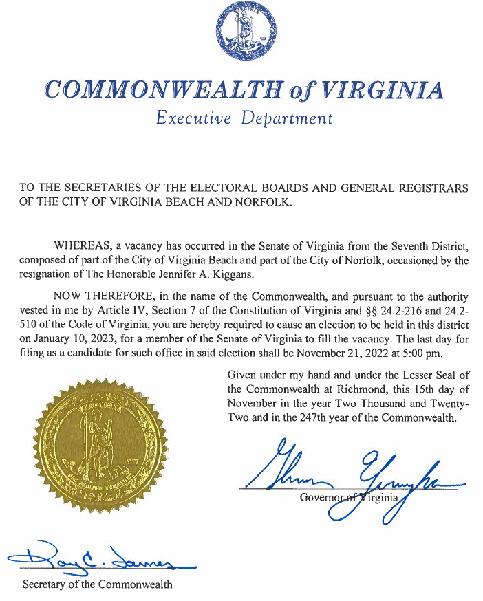 both the governor and the President pro tempore of the State Senate issued writs for a special election on January 10, 2023