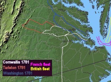 movements of Cornwallis, Tarleton, and Washington in 1781