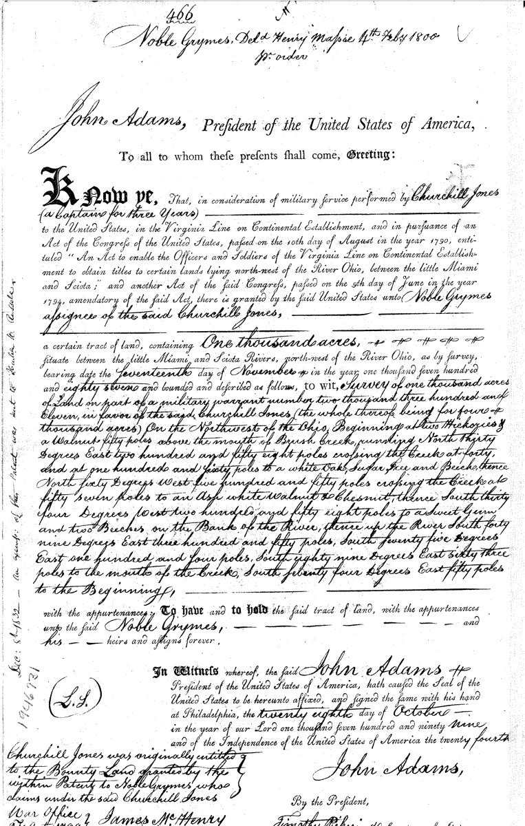 grant of land in Virginia Military District for service in the Virginia Line of the Continental Army