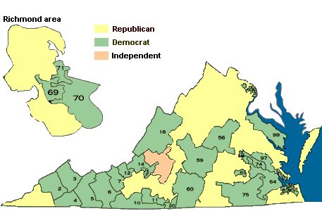 statewide and Richmond - map of House of Delegates districts, by political party