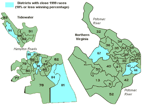 Tidewater/Northern Virginia Districts with close races, 1999