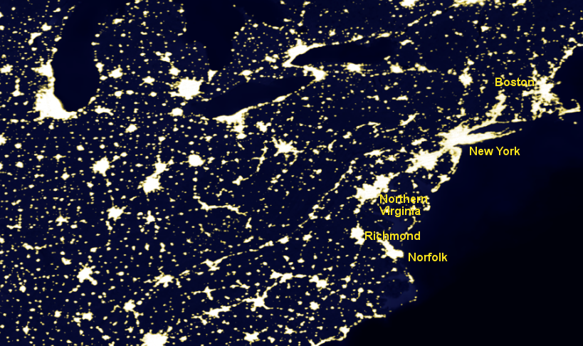 urbanized areas of Virginia with relatively-dense development can be identified by looking at the pattern of lights at night