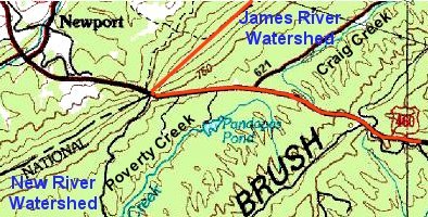 topographic map of continental divide on US 460 near Pandapas Pond