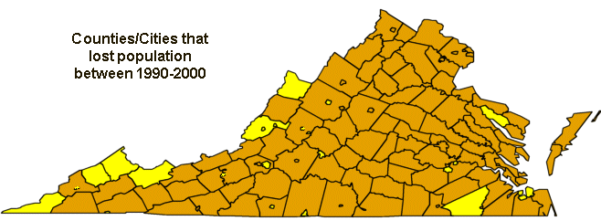 counties/cities that lost population between 1990-2000