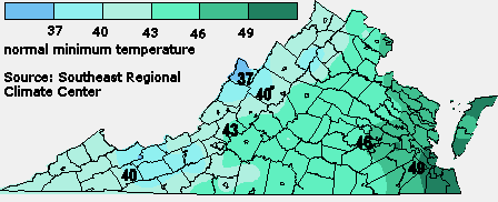 average normal minimum temperature, 1971-1990