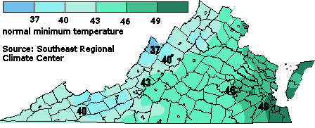 average normal minimum temperature, 1971-1990