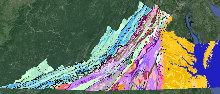 Virginia has multiple types of bedrock, from the limestones in the Shenandoah Valley (blue) to the sedimentary layers on the Coastal Plain (yellow), with igneous/metamorphic zones in-between