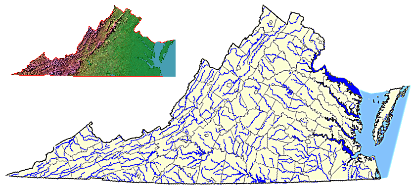 Virginia county/city boundaries and major rivers