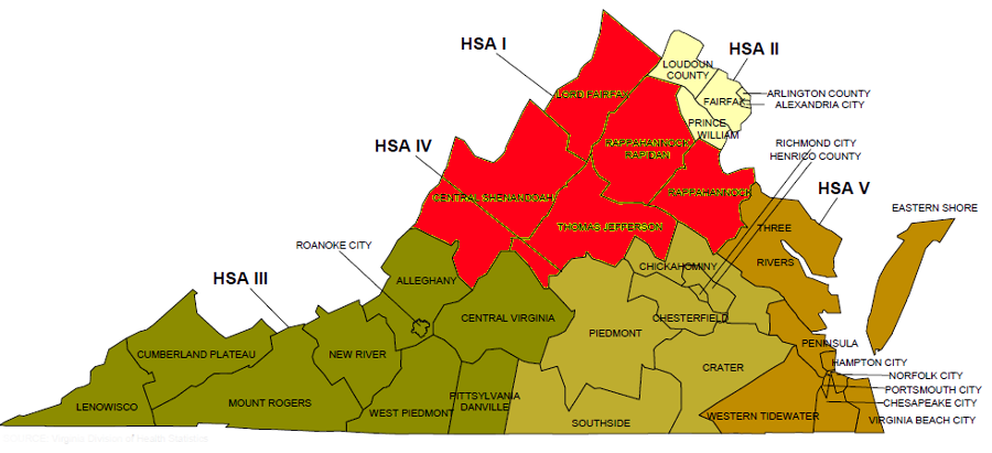 the Health District 1 permit for a cannabidoil processing facility in Staunton was cancelled in 2020, re-opening the possibility of a facility anywhere within the district (red)