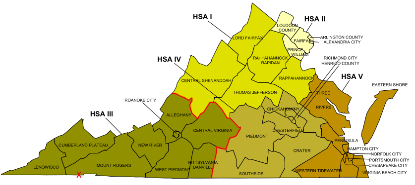 Bristol (red X) was not in the geographic center of Health Service Area III, but I-81 provided easy access