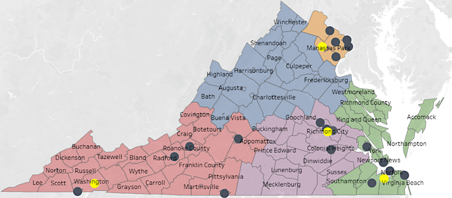 there were dispensaries in four of the five health districts in April, 2026 (yellow dots were also processing facilities)