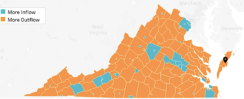 in most Virginia counties, more workers commute to another jurisdiction for work