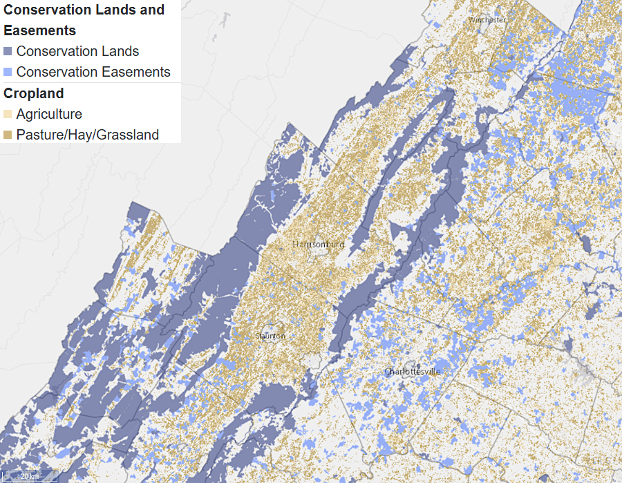 conservation easements are rare in areas with productive cropland, compared to the mountain regions