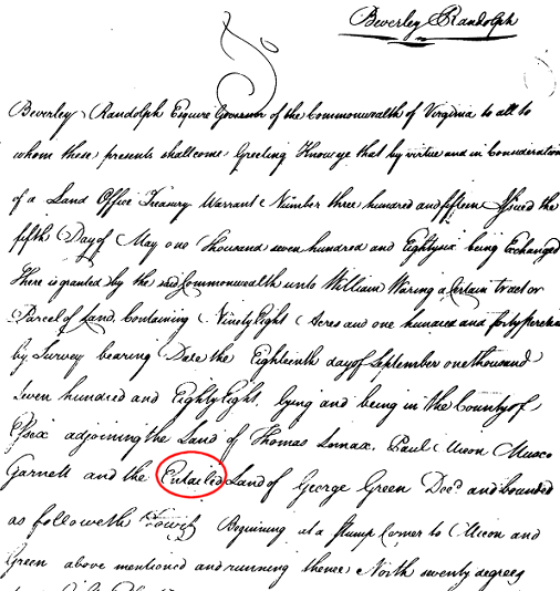 1789 land grant in Essex County, adjoining the land of Thomas Lomax, Paul Micou, Muscoe Garnett and the Entailed Land of George Green