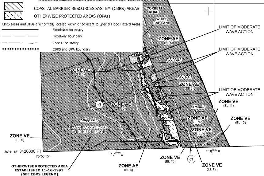 the boundary of the Coastal Barrier Resources System unit at Back Bay is identified by a dotted line on the Flood Insurance Rate Map