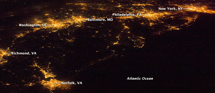 lights at night reveal how the coastline of the Eastern Shore is undeveloped