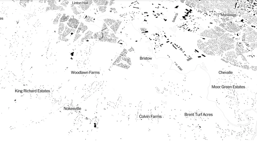 the different density of buildings in the Rural Area/Development Area is revealed in a map of all buildings, published by the New York Times in 2018