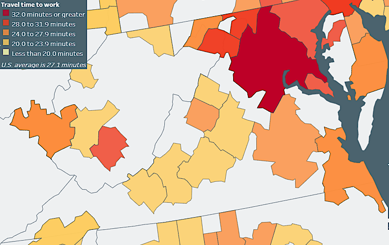 travel time between home-work is highest in regions where many people choose to live at a great distance from their jobs, clogging the commuter roads with traffic at rush hours