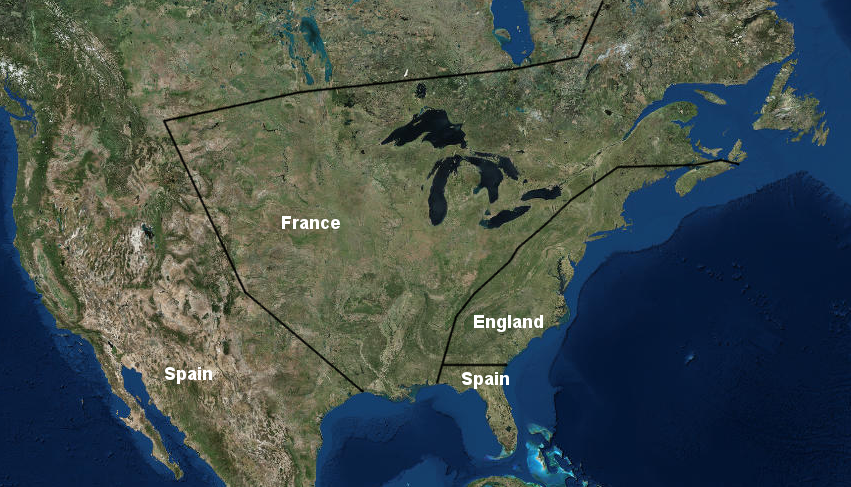 a rough approximation of French and Spanish claims in North America after the 1713 Treaty of Utrecht shows the English colonies restricted to the Atlantic Ocean coastline, but England gained control of all lands east of the Mississippi River 50 years later at the end of the French and Indian War