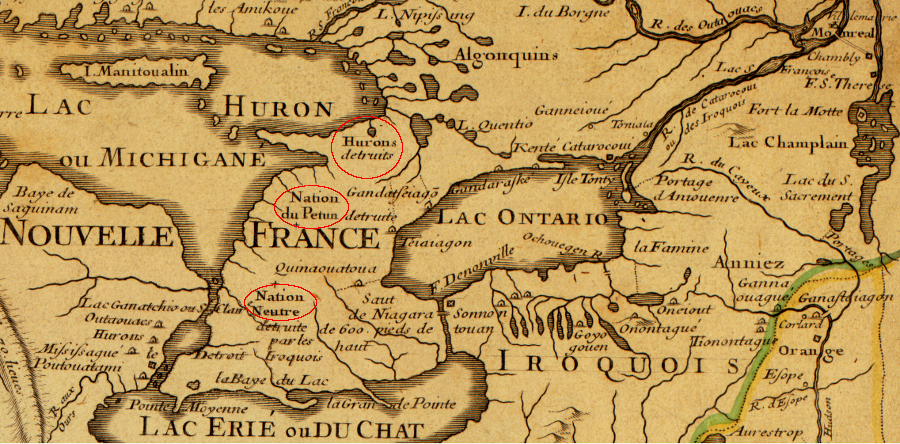 a French cartographer recorded in 1718 that the Huron, Petun, and Neutral nations had been destroyed (detruite) by the Iroquois